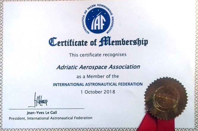 Certificate of Membership - A3 as a Member of the International Astronautical Federation